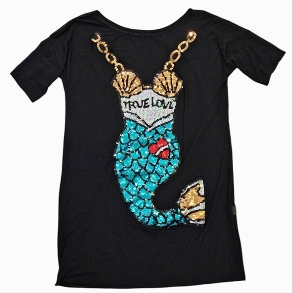 Sequin TRUE LOVE Mermaid Graphic Black Sheer Top Mini Dress Cover-up Large Rave - Picture 3 of 5